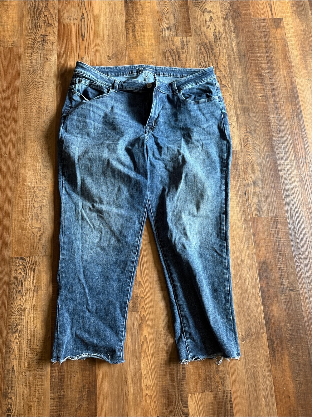 Women's Cropped Dark Blue Denim Jeans - Raw Hem Ankle Cut